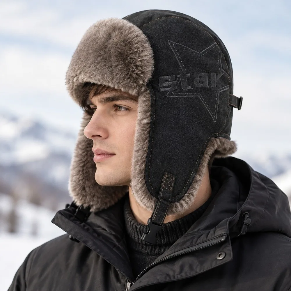 Simple Star Winter Pilot Hat Pu Leather Windproof Warm Ski Hat Beanie Caps Neck Protector Cycling Lei Feng Hat Outdoor
