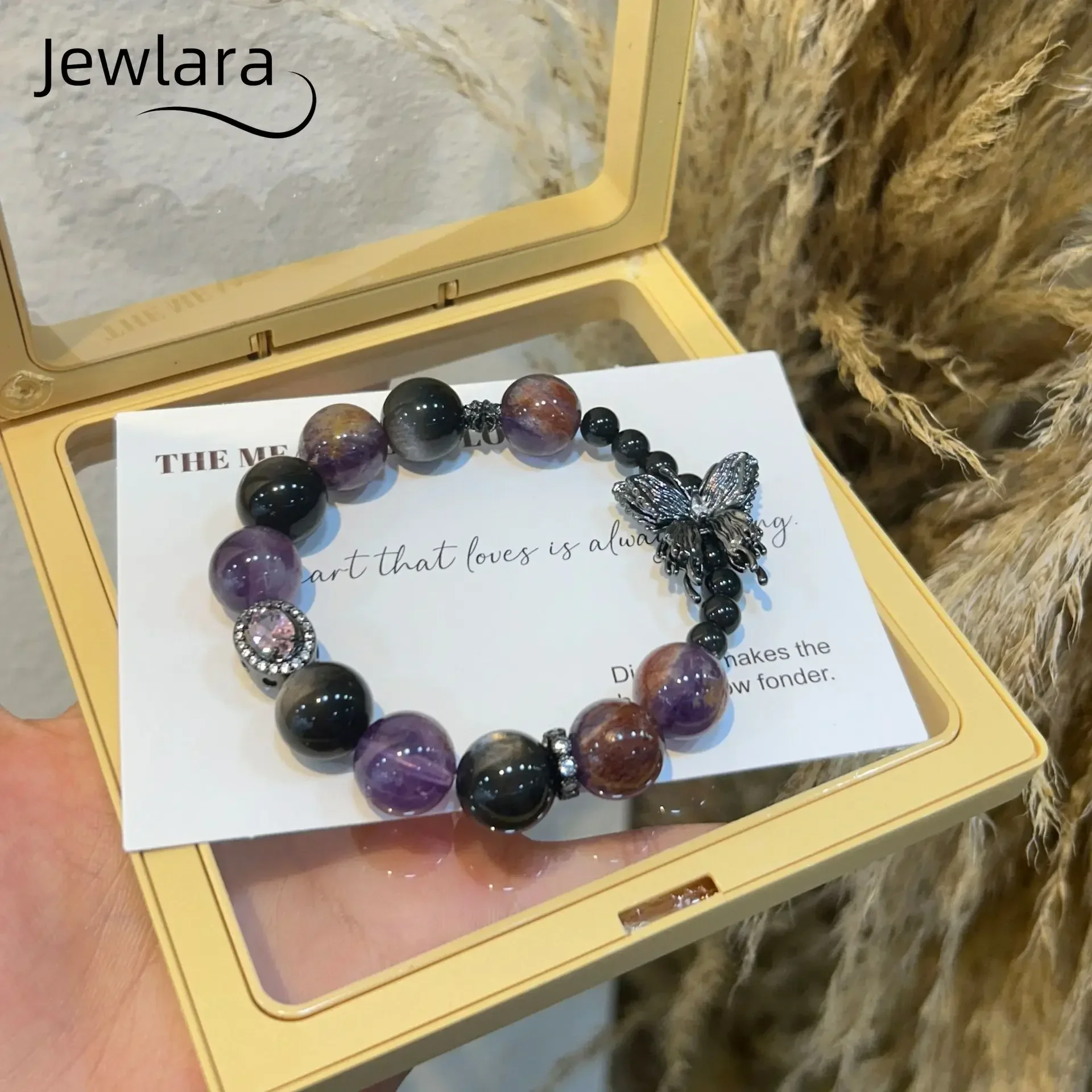JEWLARA Jewelry Natural Purple Ghost Obsidian Crystal Butterfly Bracelet Girls Large Granular Personality Niche Crystal Beads