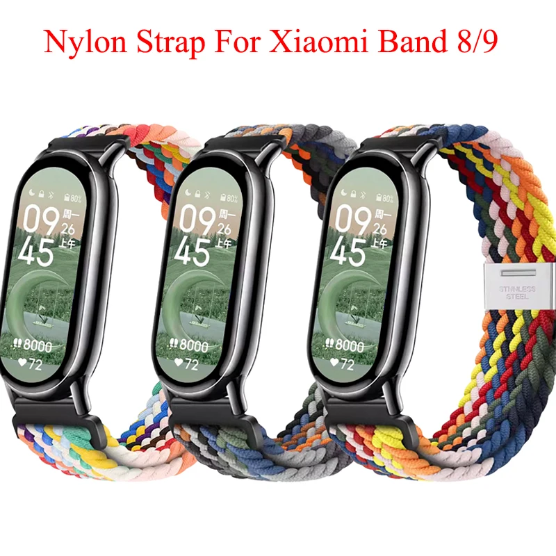 สายรัดไนลอนสําหรับ Xiaomi Smart Band 8 9 เปลี่ยน Bracelect สายนาฬิกาเข็มขัด Xiaomi Band8 หัวเข็มขัดโลหะสายรัดข้อมือ