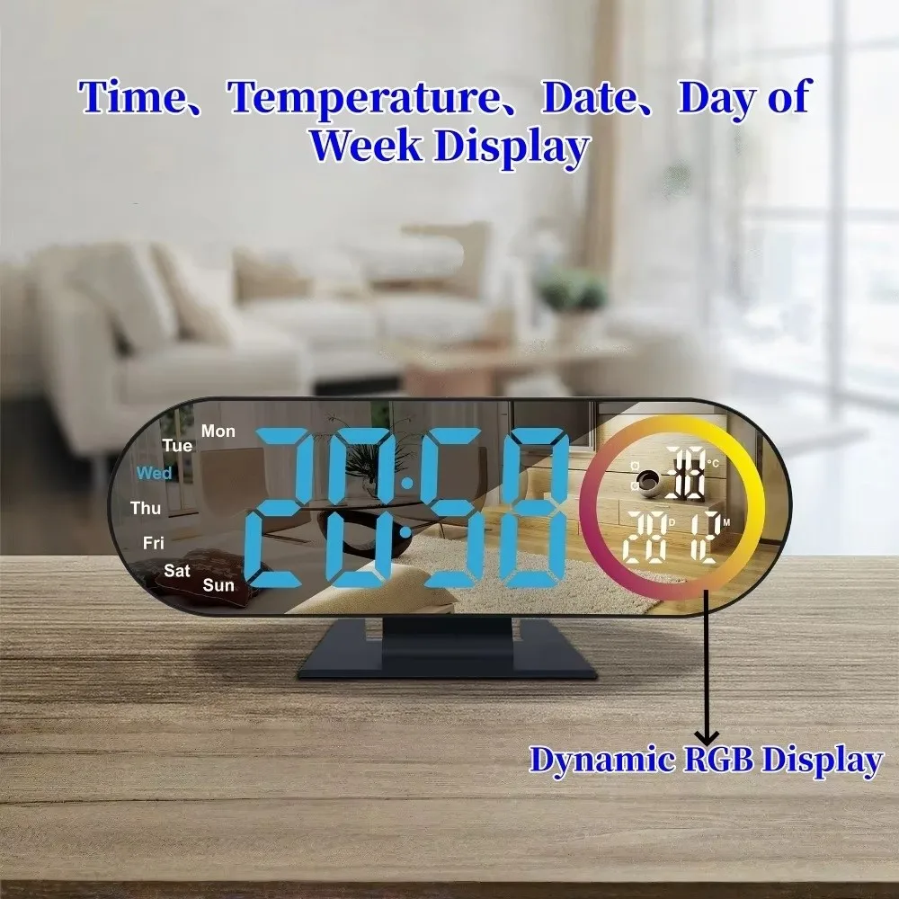 USB Powered Digital Alarm Clock RGB Mood Light Temperature Display Table Alarm Clock 12/24H Format Brightness Adjustment