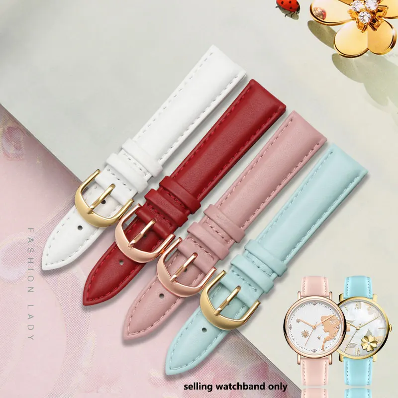 Women's leather strap for Casio CITIZEN Tissot Disney cowhide strap with needle buckle 12mm 14mm 16mm 18mm pink/white/blue/black