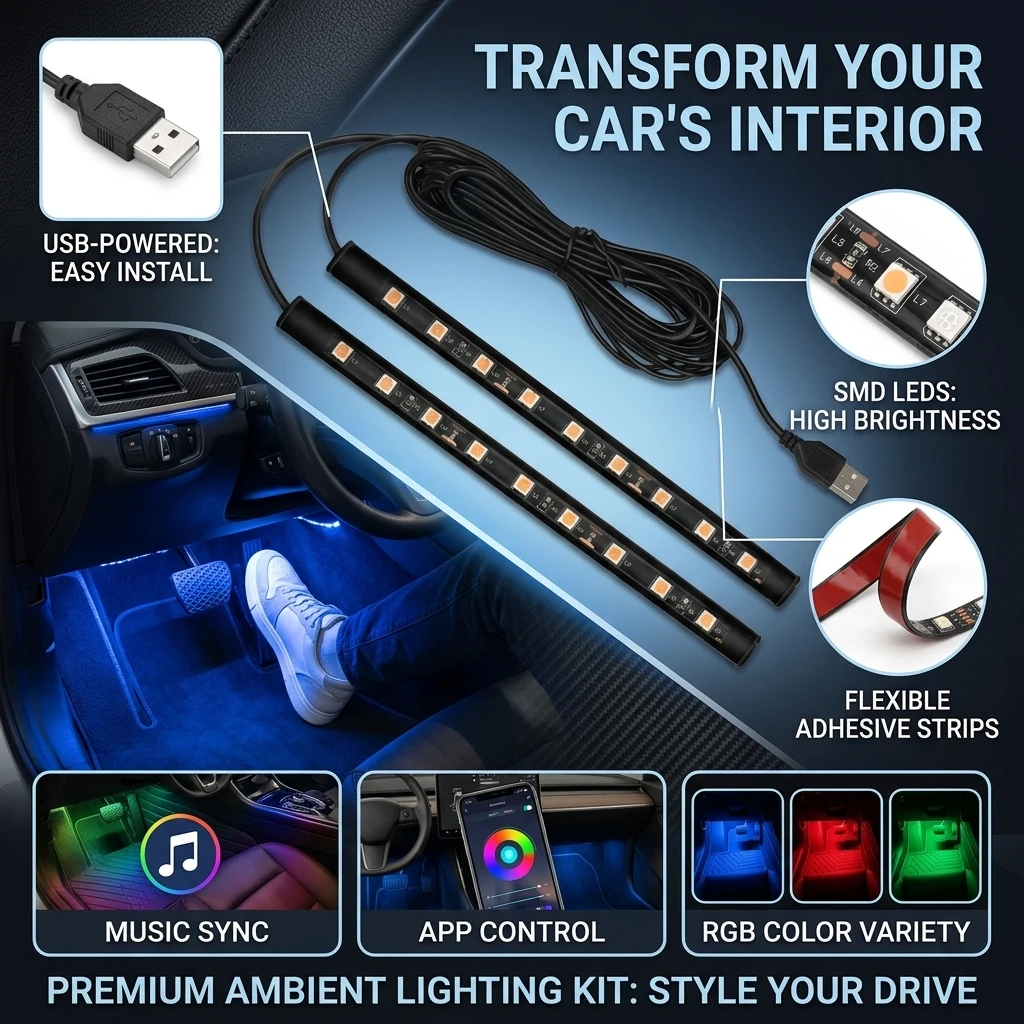 2 in 1 LED Car Neon Light Foot Light LED Interior Decoration Backlight Cigarette Lighter USB Atmosphere Lamp Vehicle Accessories