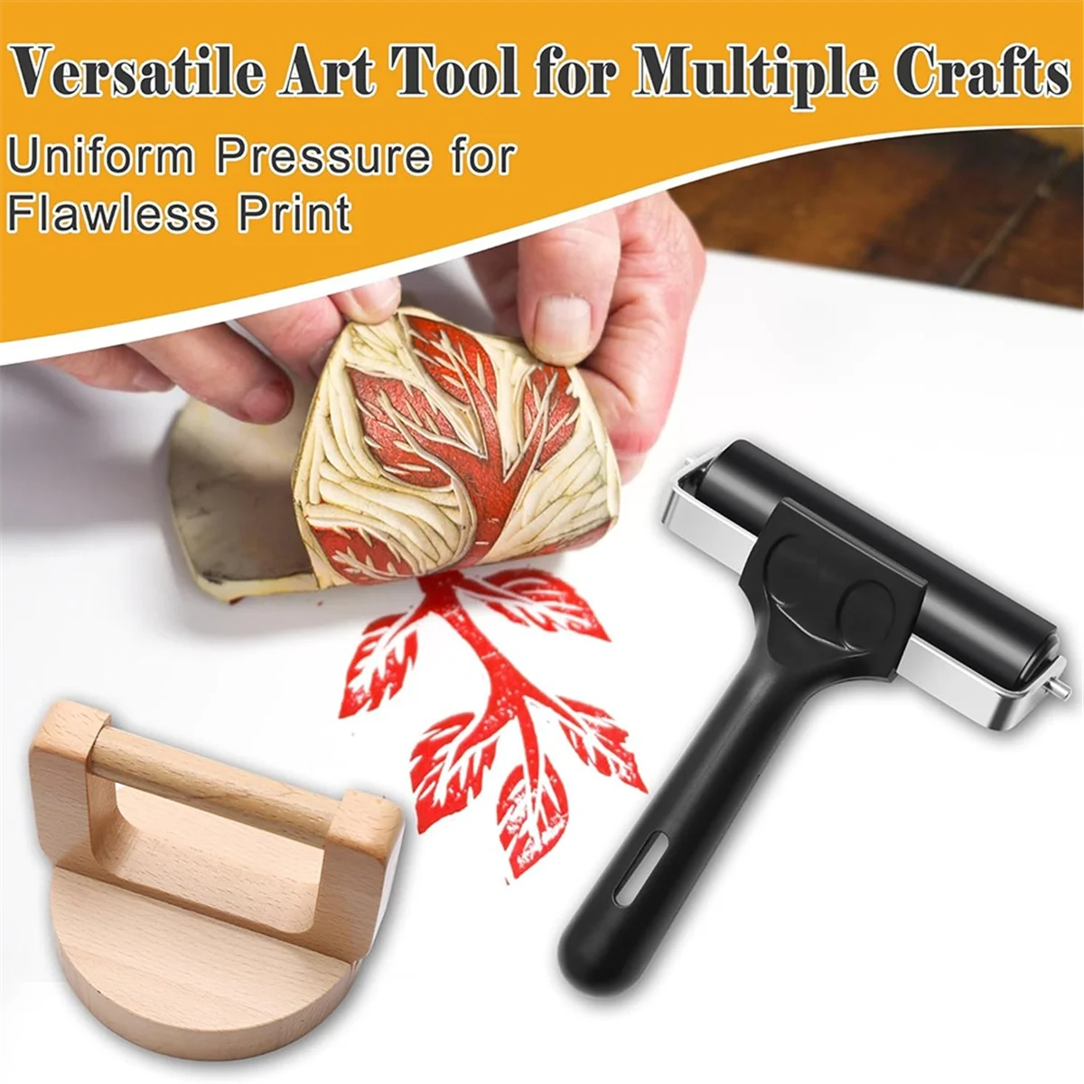 A03R 2Pcs Wooden Block Printing Baren with Rubber Brayer Roller, Block Printing Kit for Crafting, Printing, Inking