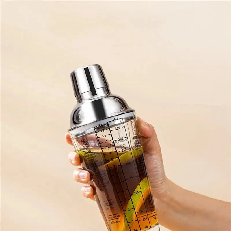 Glass Hand Shaker Cup 400ML Cocktail Maker With Scales Metallic Steel Lid& Strainer For Wine Milk Tea Drink Mixer Top-Rated