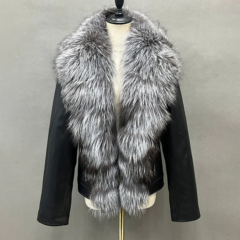 Lady Fashion Big Fox Fur Collar Leather Jacket Silver Fox Furry Autumn Spring Winter Fluffy Luxurious Sheepskin Jackets Women