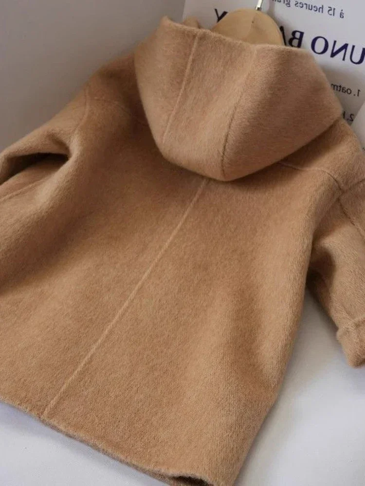 Children\'s Clothing 2023 Autumn winter New Camel Colored Double-sided Hooded Coat Children\'s Stylish Medium Length Woolen Coat