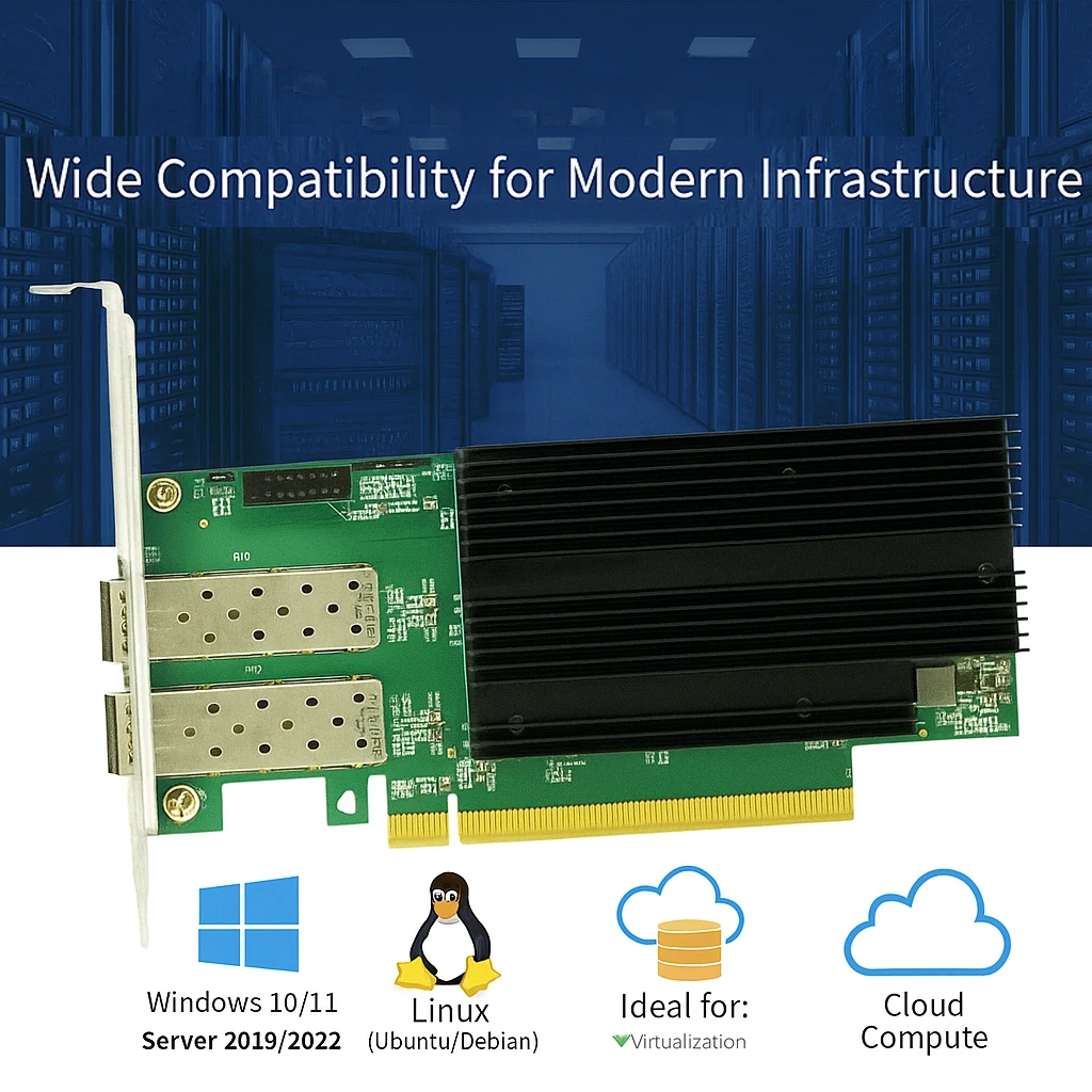 2 Port 25G SFP28 PCIe x16 Network Adapter Card for Windows/Linux Server, SR-IOV, Hardware Offload Supported