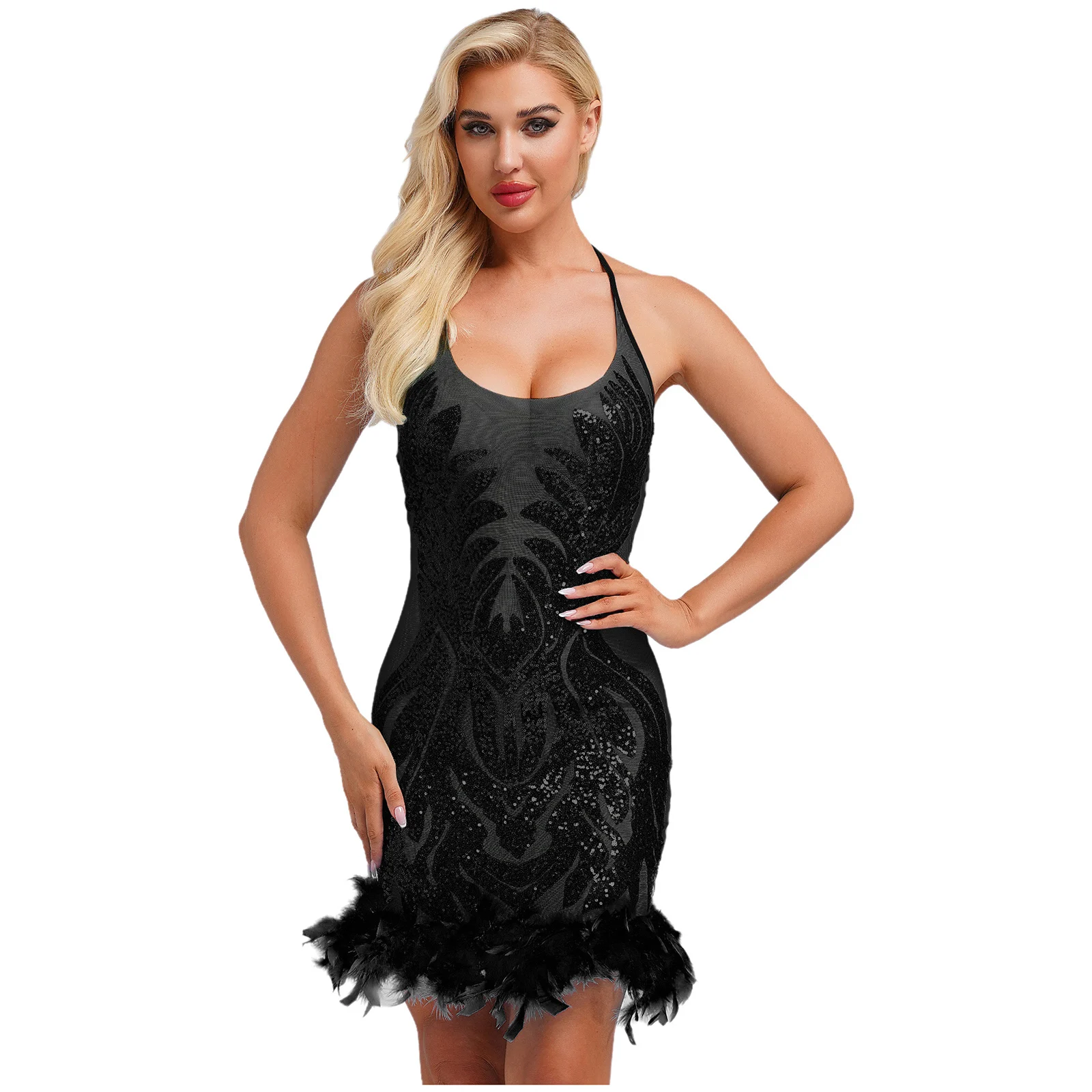 Womens Bodycon Dress Sequined Latin Cha-cha 댄스 드레스 홀터넥 민소매 쉬어 메쉬 깃털 밑단 레이디 샤이니 칵테일 파티 가운