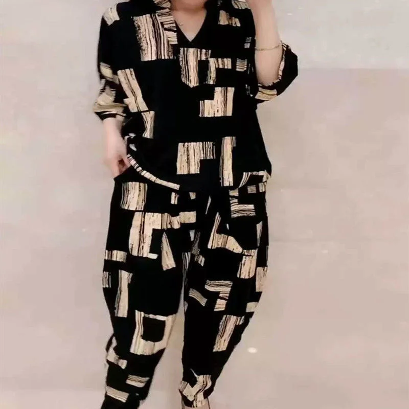 Garnitur damski 2024 Summer New Casual Korean Loose Print Tops Harem Pants 2-Pice Set Matching Trendy Plus Size Odzież dla kobiet