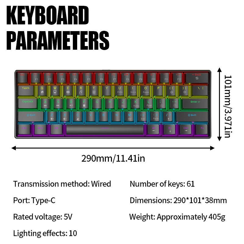 61Keys ポータブル有線メカニカルキーボードレッド/ブルースイッチ RGB バックライトメカニカルキーボード - 10 色の照明モード