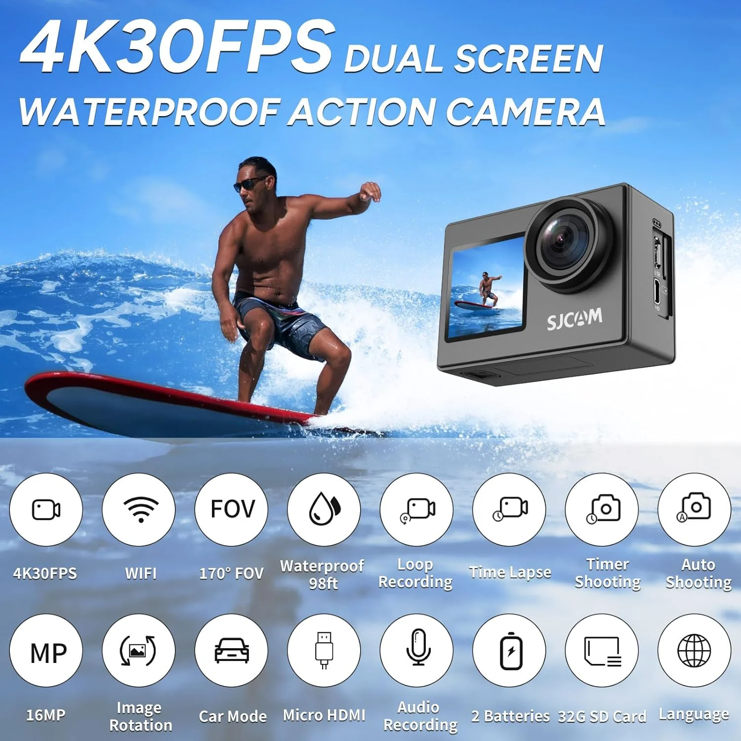 SJCAM Upgraded SJ4000 Action Camera Dual Screen 4K30FPS Ultra HD Underwater Camera Waterproof 170° Wide-Angle WiFi Helmet Camera