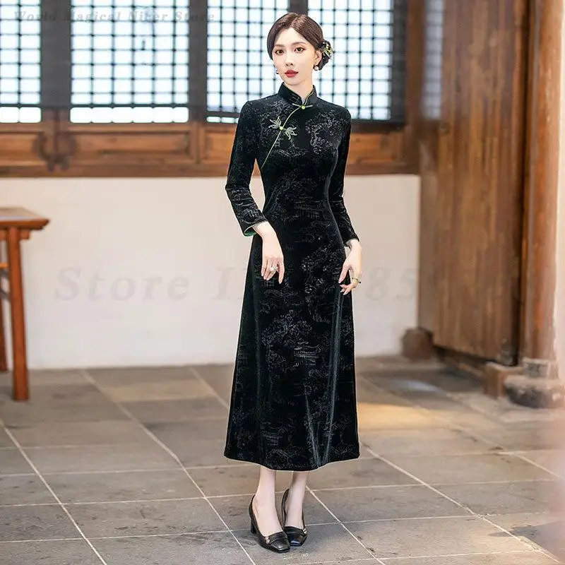 القطيفة ألف خط شيونغسام الجاكار خمر النمط الصيني فستان سيدة مثير سليم تشيباو مساء ثوب حفلة مرحلة الأداء زي #4