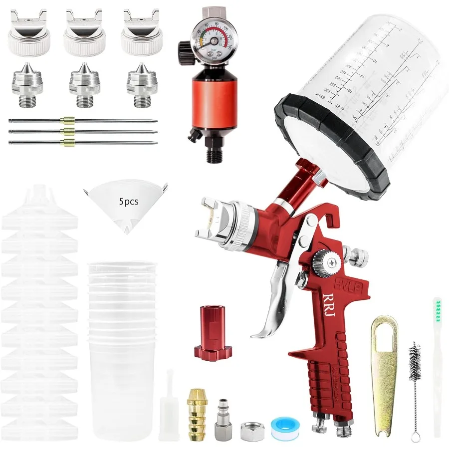 

HVLP Spray Gun Gravity Feed Air Spray Gun Kit Pro Car Paint Sprayer Gun with 1.4 1.7 2.0mm Nozzles 2 in 1 Air Regulator 600cc S