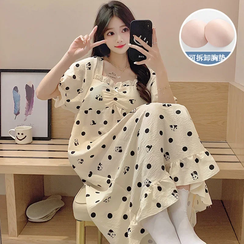 Large Size Sweet Cartoon Nightgown with Chest Pad Summer Korean Soft Sleepwear Short Sleeve Ruffles Nightdress Loose Home Dress