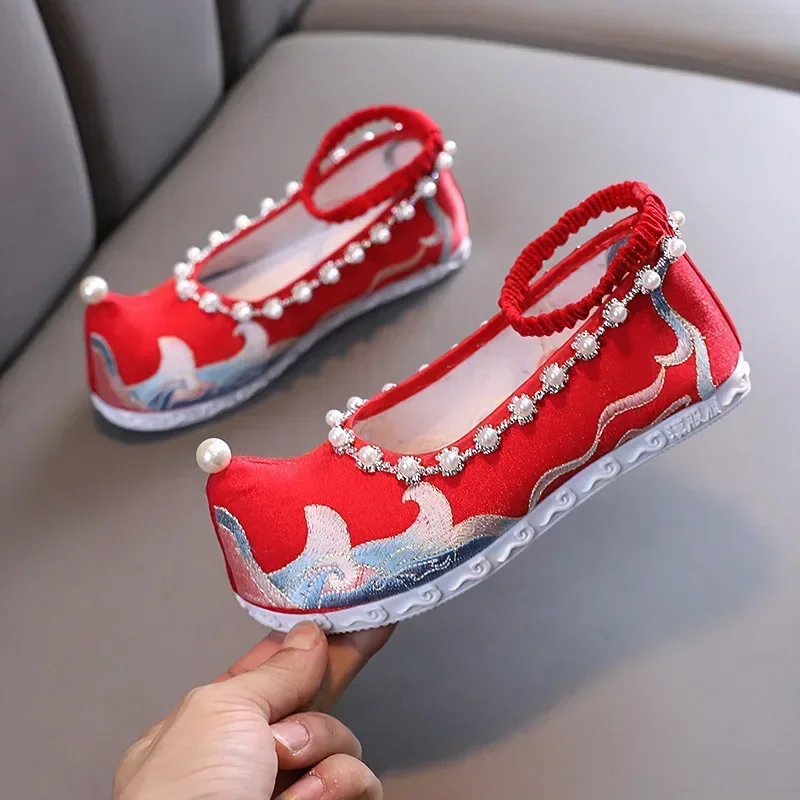 Girls Hanfu Shoes for Kids Flats Embroidered Children Vintage Chinese Style Old Beijing Cloth Shoes Dance Beads Rhinestones