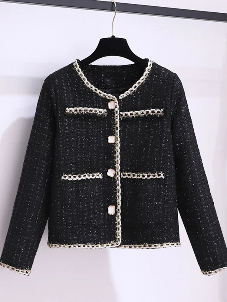 Autumn Winter Elegant Black Tweed 2 Piece Set Women Long Sleeve Woolen Jacket Short Coat Mini Skirts Suits Fashion Two Piece Set