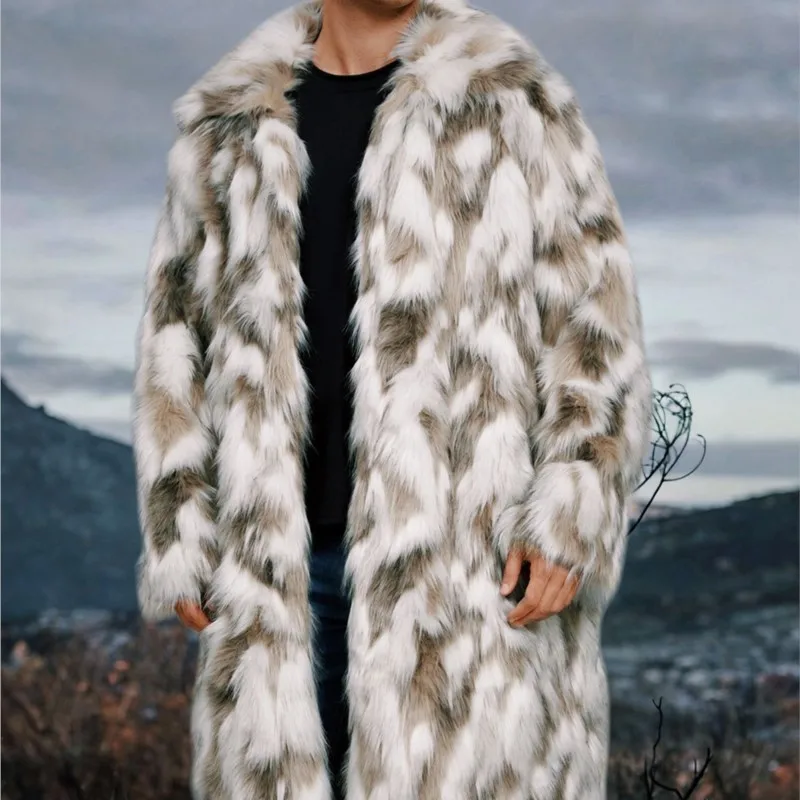 

2025 Winter Fur Fluffy Long Coats Jacket Lengthen Coats Outerwear Retro Mens Faux Fox Fur Tops Thicken Keep Warm Loose Jackets