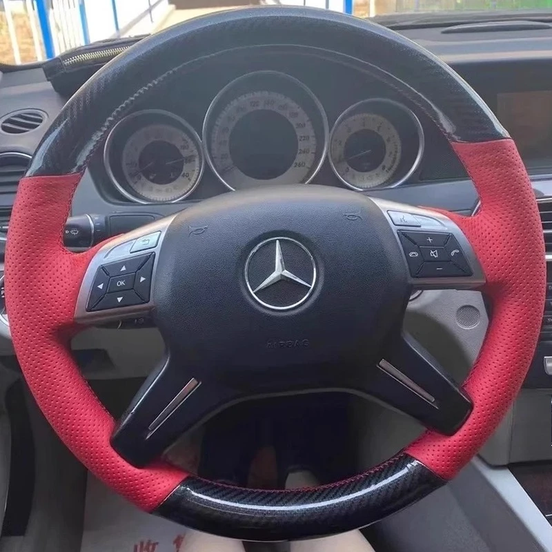 For Mercedes Benz C180 C200 C260 E200 E260 ML320 ML360 ML400 Hand Stitched Genuine Leather carbon fiber Car Steering Wheel Cover