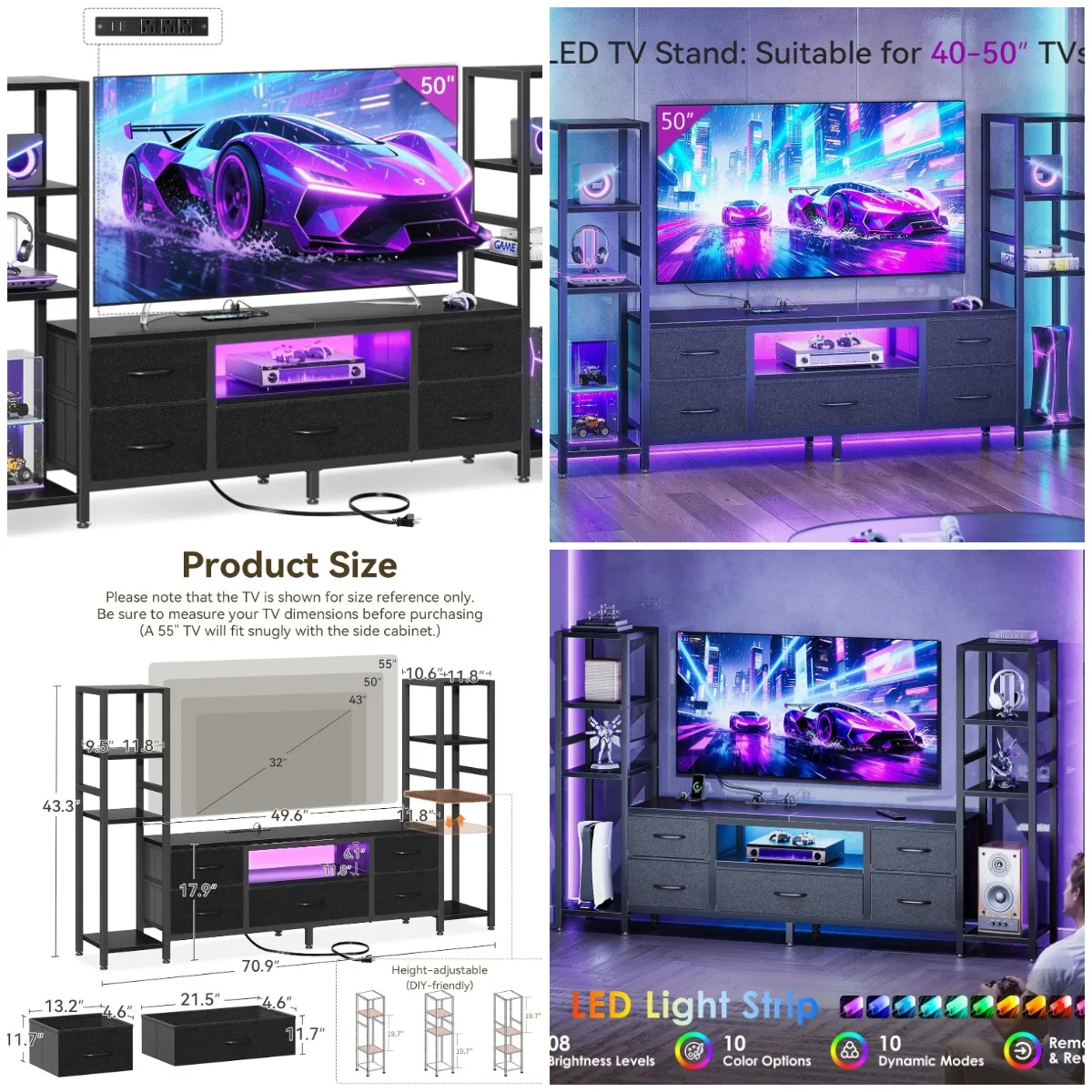 

TV Stand for 40-50 Inch TV, Black Entertainment Center with LED Lights, Power Outlets & 5 Drawers