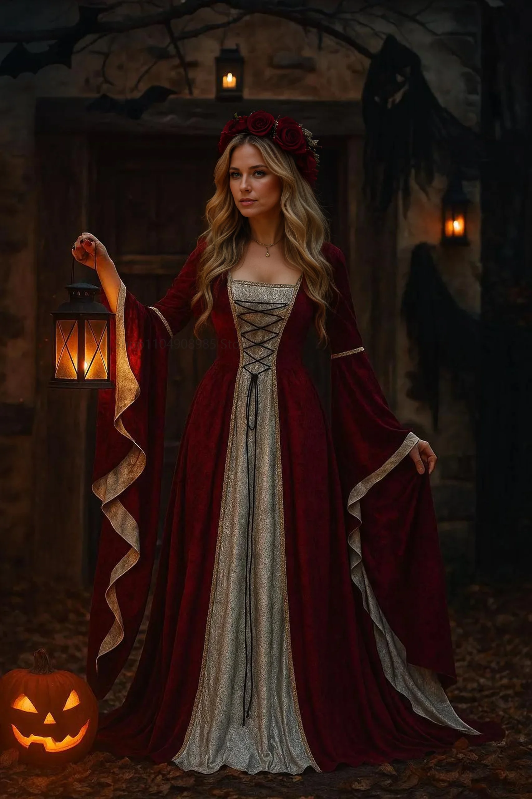 

5XL Women Medieval Ladies Retro Party Dress Halloween Costume Cosplay Court Noble Robe Ancient Bell Sleeve Princess Vestidos