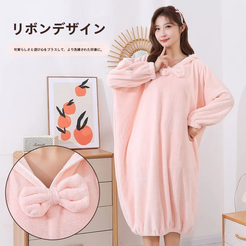 Autumn Winter Thickened Soft Women's Bathrobe with Hat Absorbent Quick Dryable Sleepwear Home Textile Bath Gown Robe