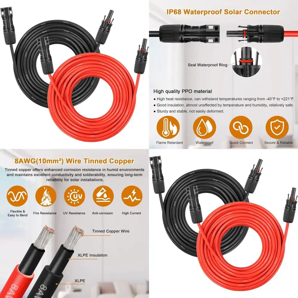 

Кабели-удлинители 8AWG 75T красного и черного цвета для фотоэлектрических систем, автодомов, лодок и домашних панелей