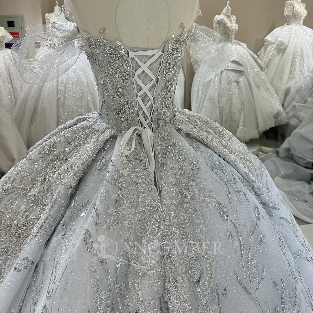 ゴージャスなストラップレスレースビーズウェディングドレスボールガウンカスタマイズされたオーガンザコートトレインセクシーなオフショルダーブライダルドレス