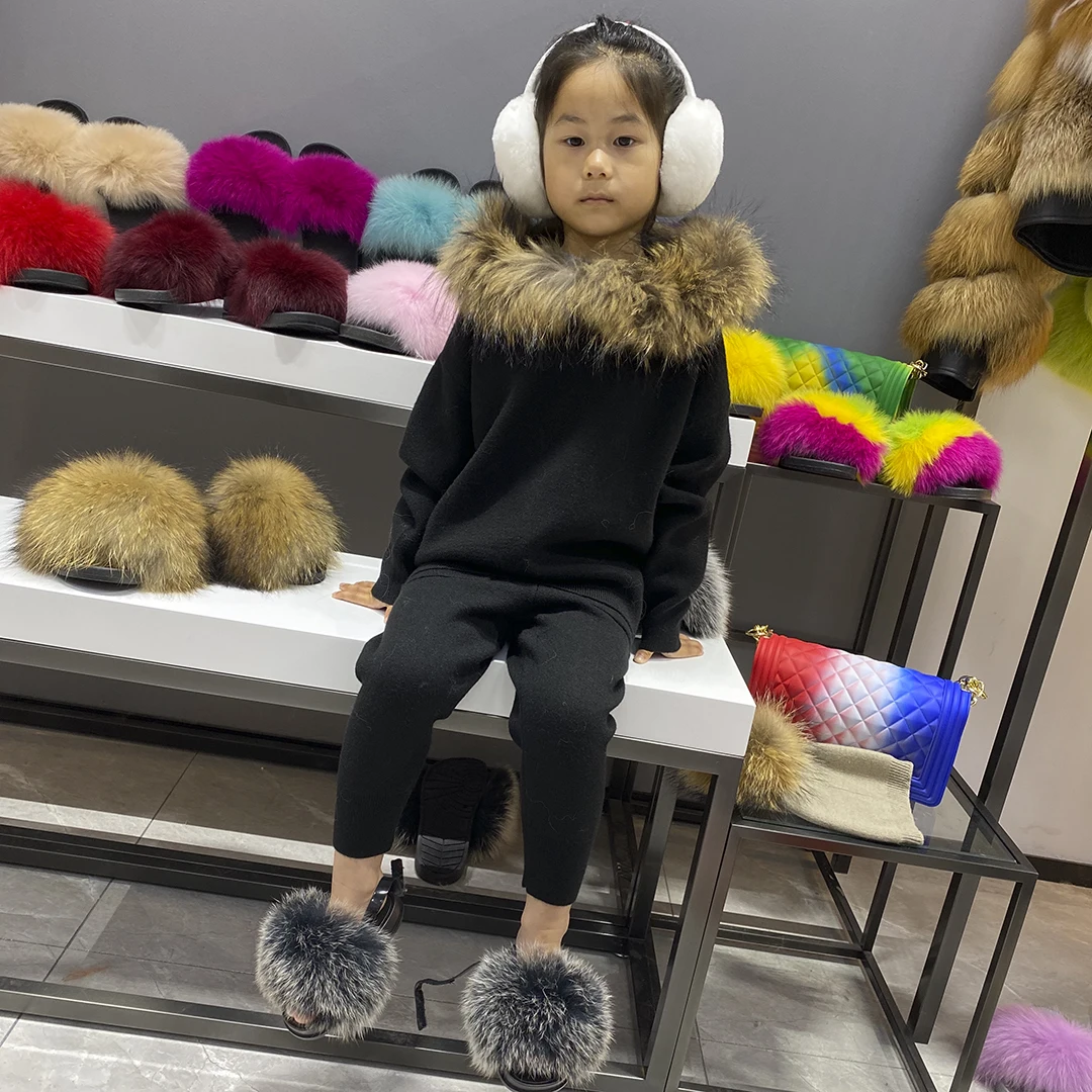 Children's Knitted Tracksuit Sets with Fur Casual Pullover Sweater and Pants, Kid Outfit, Mother and Child, Winter, Autumn