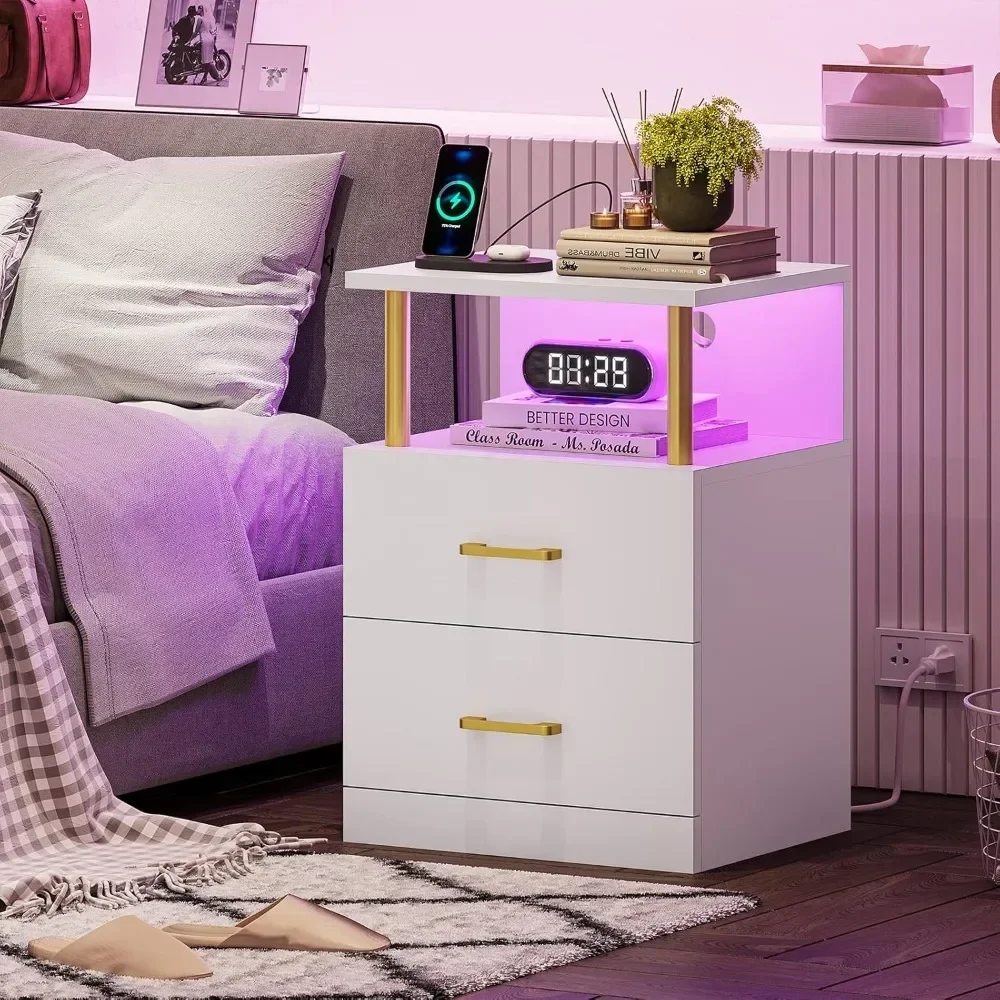 NightStands Set of 2 with Charging Station and USB Ports, End Side Tables with Open Storage, Bedside Tables, LED NightStands