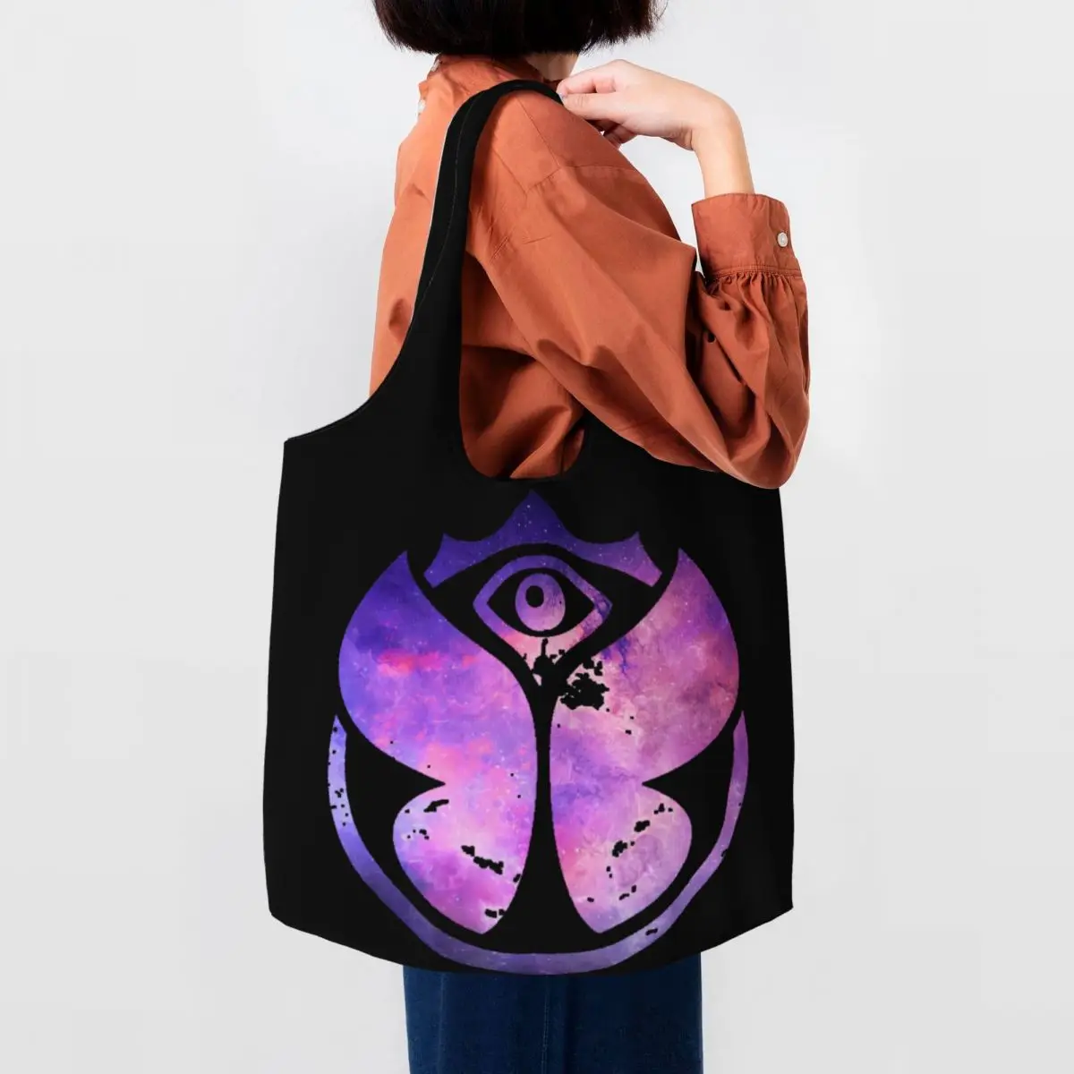 Purple Tomorrowlands Groceries Shopping Bags Fashion Printing Canvas Shopper Tote Shoulder Bag Large Capacity Washable Handbag