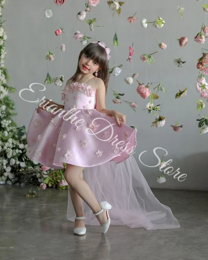 3D Flowers Pink Satin Flower Girl Dress For Wedding Puffy Applique Princess Kids Birthday Party First Communion Gowns Customized