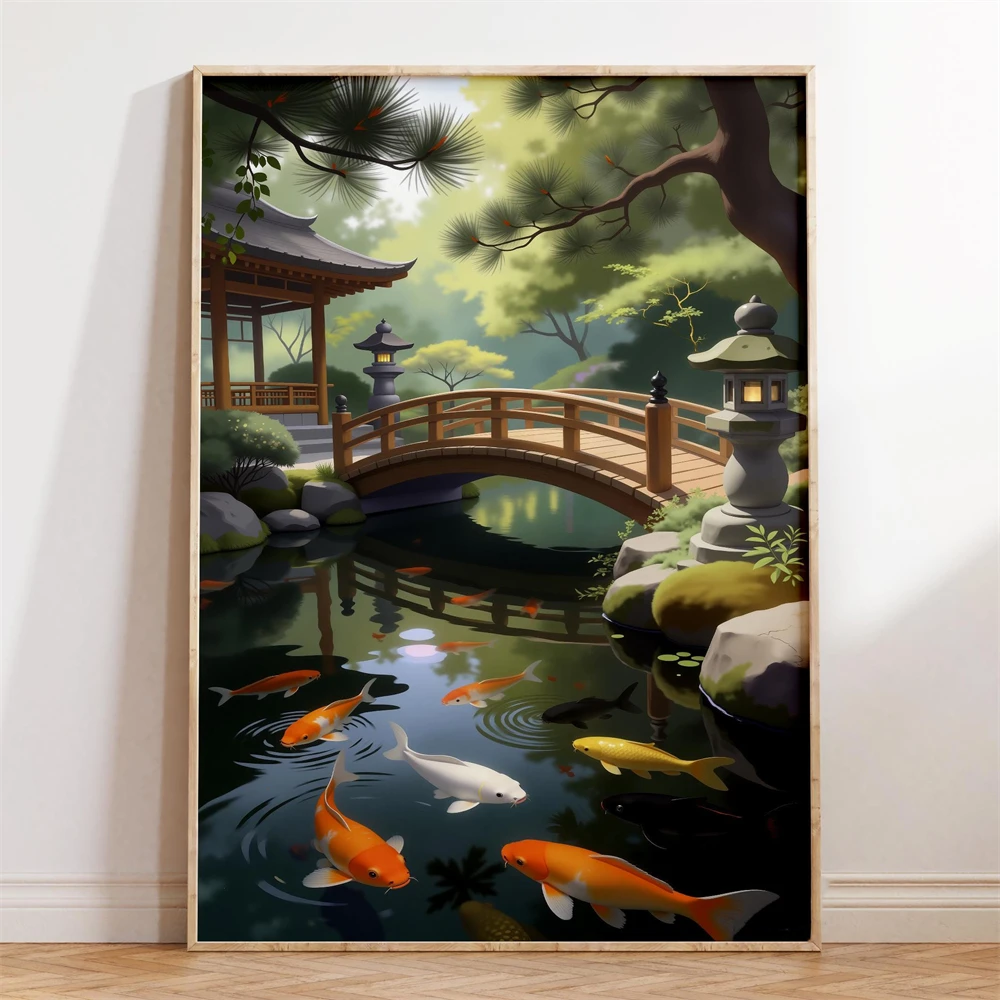 Koi Pond Oil Painting Prints Rippling Water Art Nature Wall Art Landscape Canvas Painting Impasto Lotus Feng Shui Home Decor