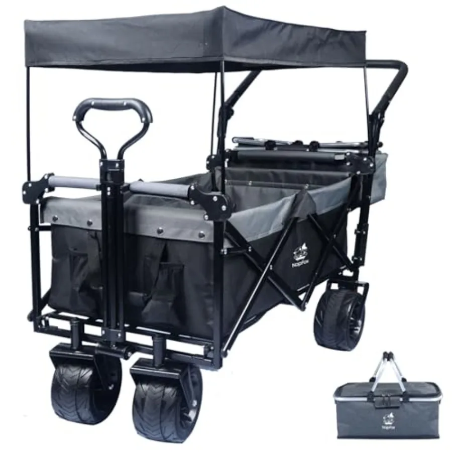 Foldable Wagon for Camping, Beach, Garden Heavy Duty Steel, Black Removable Canopy Insulated Cooler Bag, 4 All-Terrain Wheels