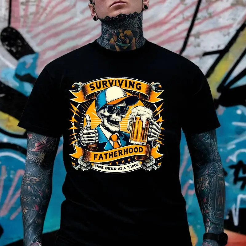 

Funny Skeleton Dad T-Shirt – Surviving Fatherhood One Beer at a Time, Men’s Beer Graphic Tee for Father’s Day, Gift for Husband