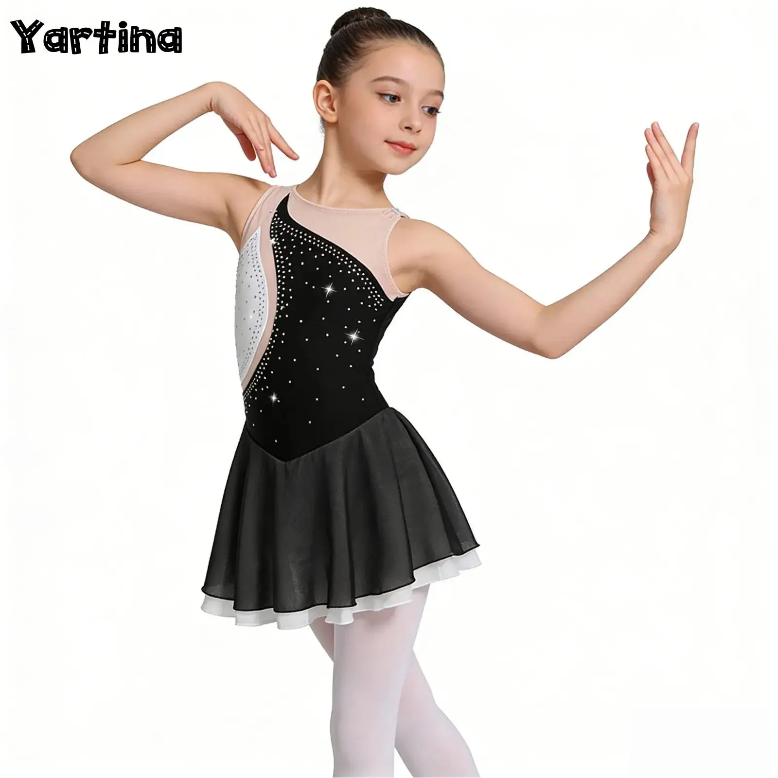 

Kids Girls Artistic Skating Dress Shiny Rhinestone Ballet Jersey Body Lyrical Dance Costume Rhythm Gymnastics Tight jumpsuit