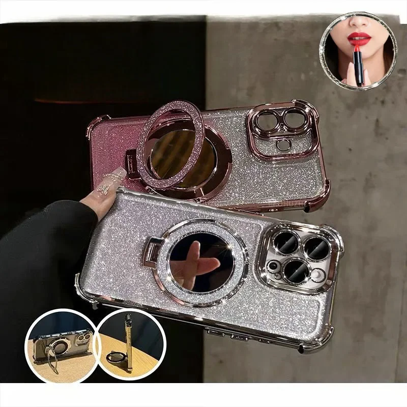 Glitter Magnetic Mirror Holder Case For OPPO A79 A2 5G A78 A38 A18 A17 A16 A15 A15S A3 PRO A76 A96 A57 2022 A54 A58A53 A33 2020