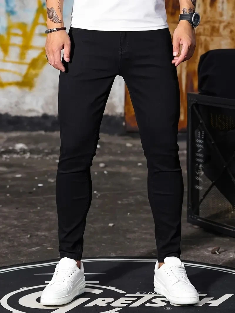 Men Jeans Skyblue Black Zipper Stretch Jeans Casual Slim Fit Trousers Male Plus Size Pencil Pants Denim Skinny Jeans for Men