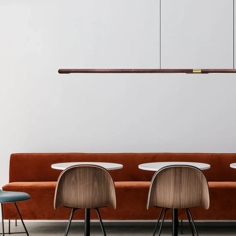 Walnut Colored Pendant Lamp Modern Simple Long Strip Splicing Solid Wood LED Dining Room Living Room Decorative Lighting Fixture
