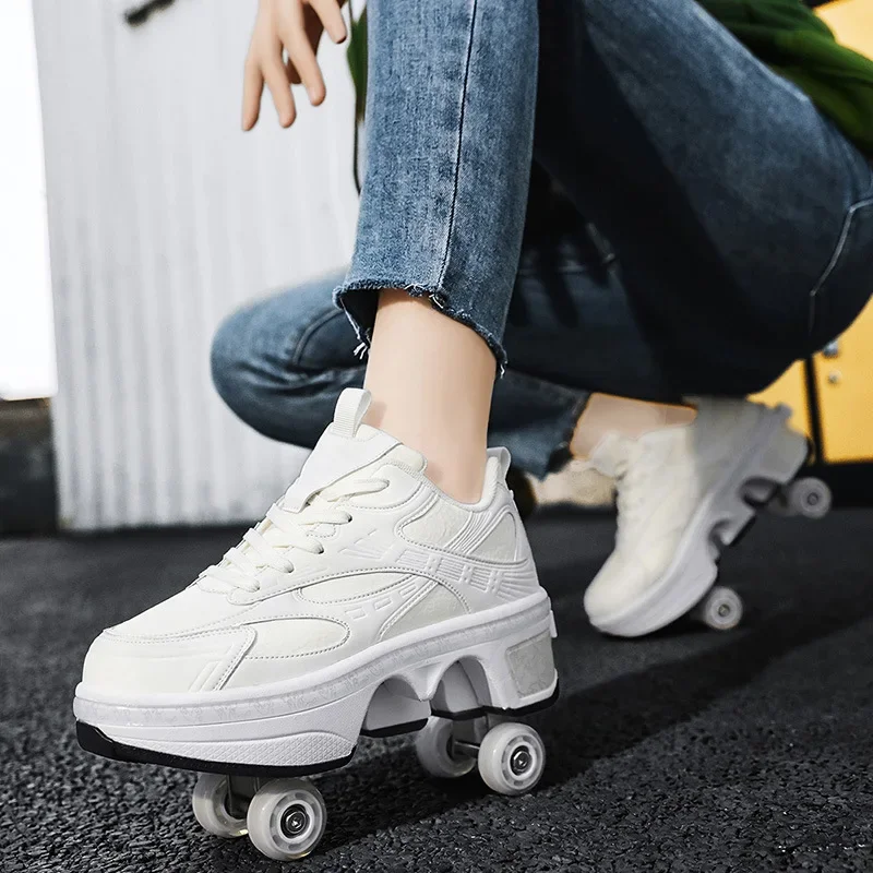 Double-Row Deform Wheel Automatic Walking Shoes Invisible Deformation Roller Skate 2 in 1 Removable Pulley Skate Skating Parkour