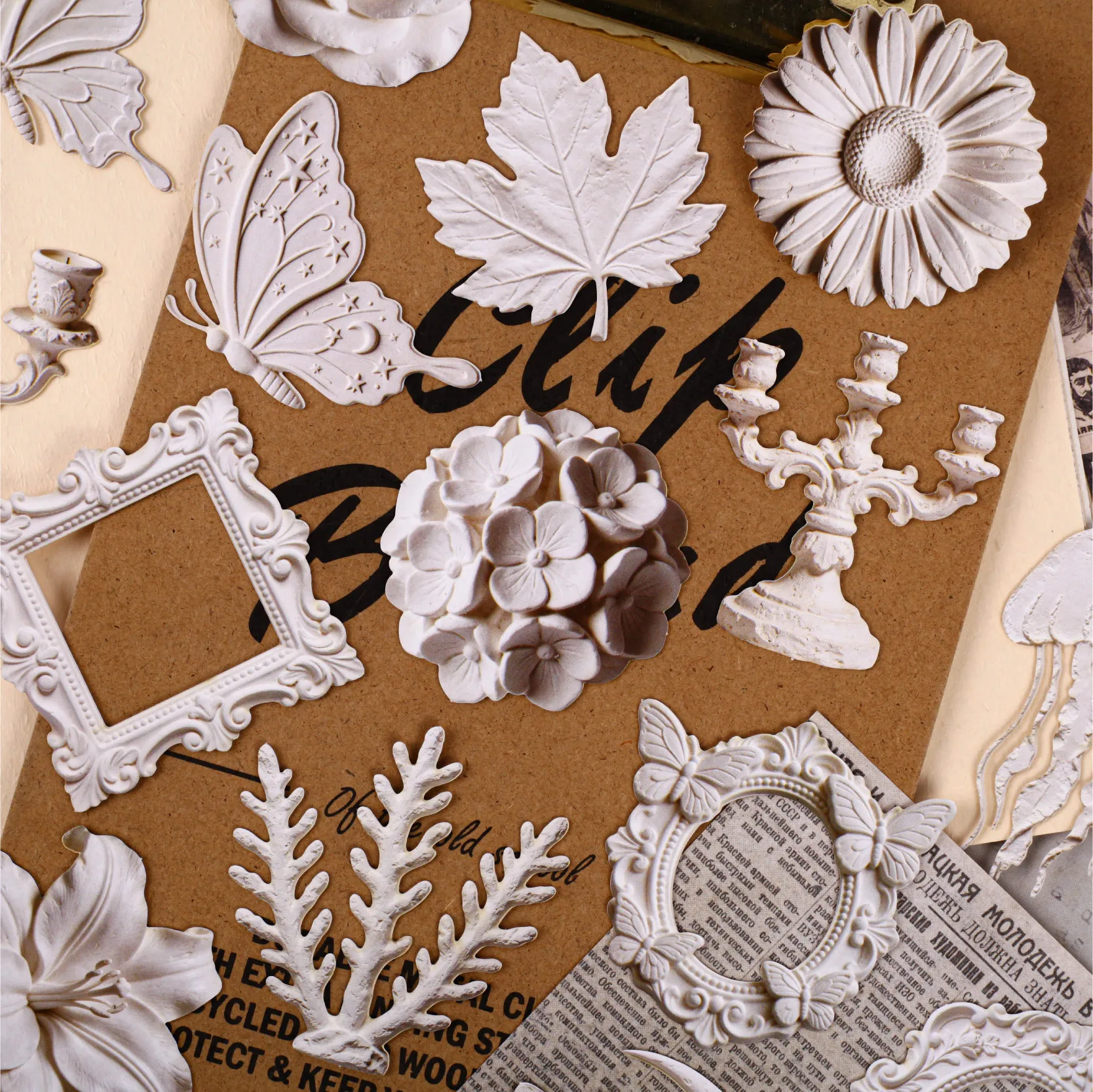 Vintage Baroque Plaster Relief Flower Leaf Butterfly Landscape Sticker Journal Material Collage Scrapbooking Stationery