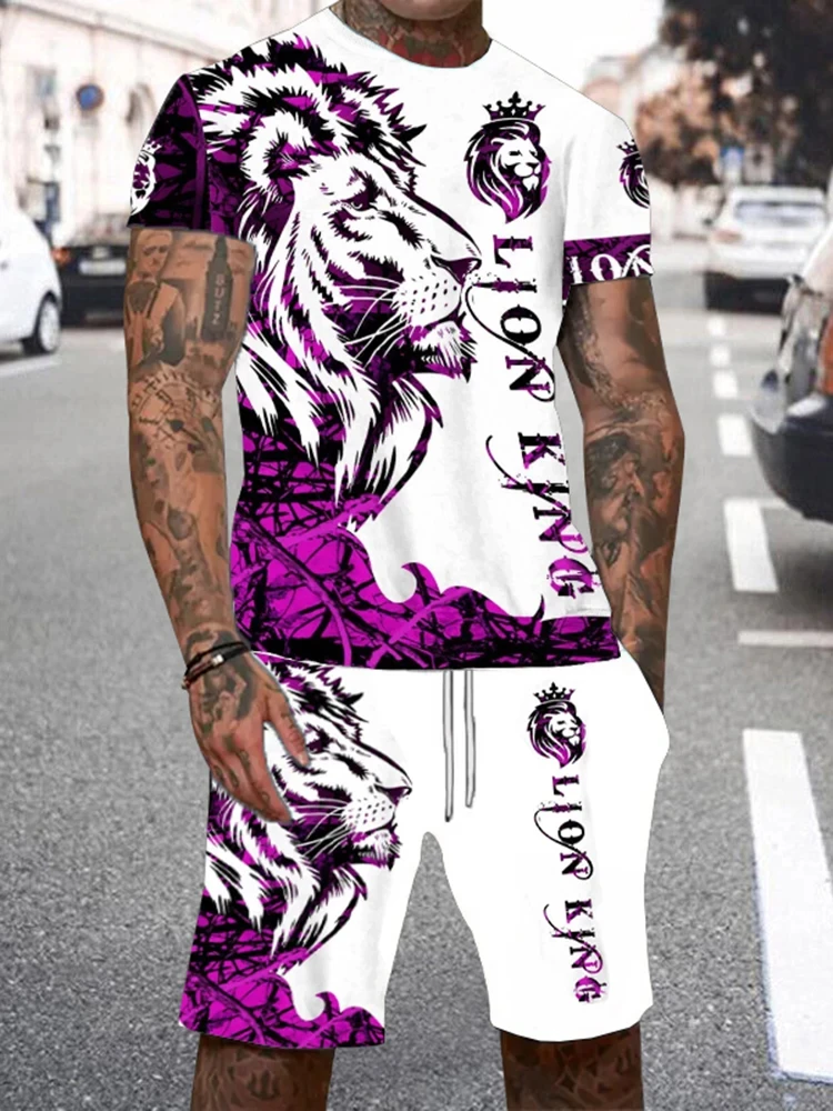 New Men\'s Summer Casual Everyday Short Sleeve and Shorts Set Cool The Lion King Print T-Shirt and Drawstring Short Set Men\'s Set