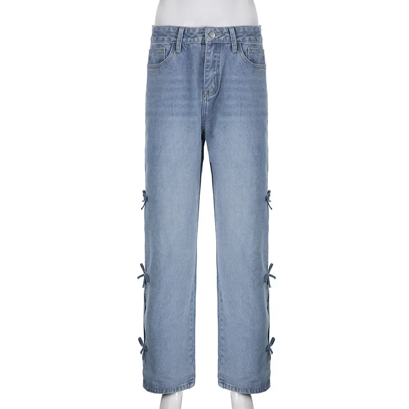 Retro gewaschene Hose aus reiner Baumwolle mit geradem Bein, lässige, lockere Hose mit niedriger Taille y2k Streetwear Bow Split Jeans Damen hose