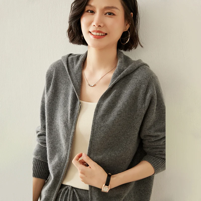 FRSEUCAG Novo 100% caxemira de malha cardigan feminino suéter com capuz moda jaqueta de manga comprida suéter de caxemira feminino