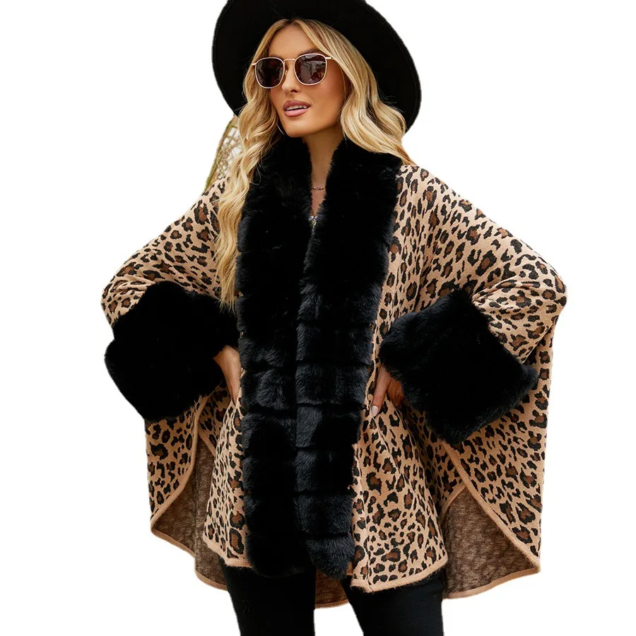 Women Batwing Sleeves Leopard Capes Black Striped Faux Rabbit Fur Collar Cloak Winter Thicken Warm Long Poncho Loose Overcoat