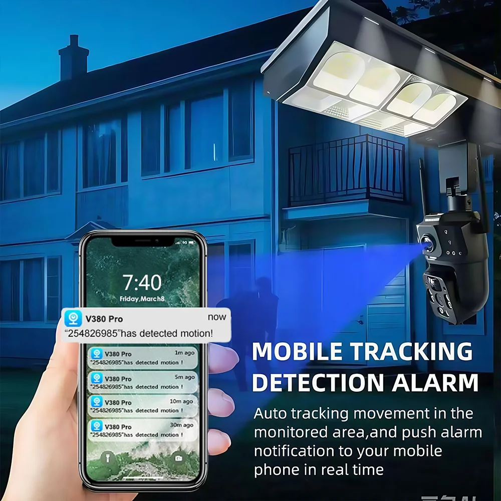 V380Pro Lampione stradale a LED solare Telecamera di sorveglianza 4G integrata 12MP 4K Tre schermi PTZ Protezione di sicurezza CCTV Telecamera IP WIFI