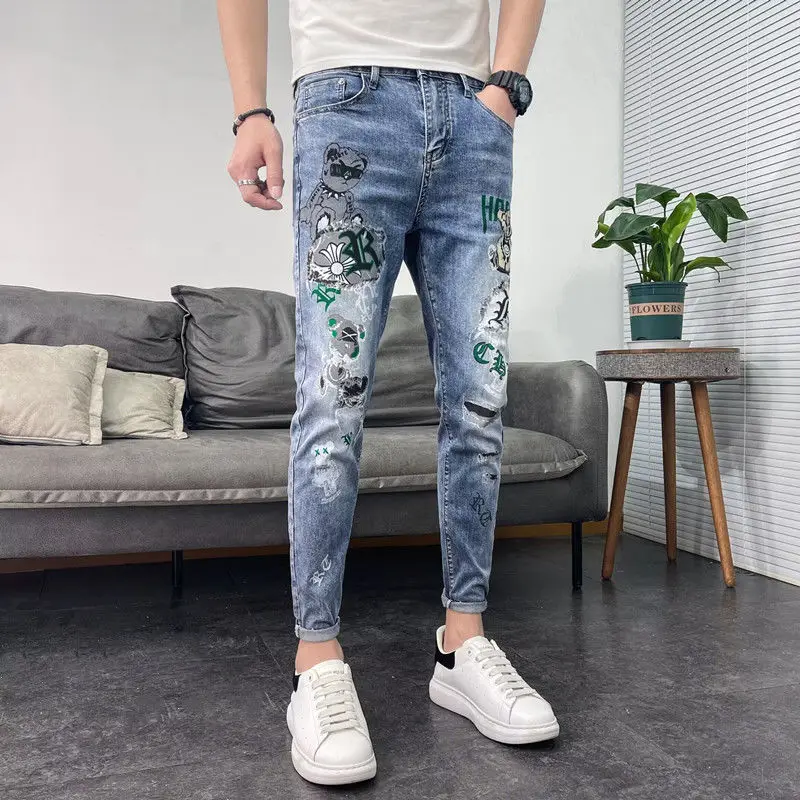 

Autumn and Winter Streetwear Pants Slim-fitting Small-footed Jeans Men's Bears Printed Trendy Korean Style Clothes Casual Pants