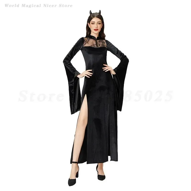 

Sexy Dark Goth Party Witch Dresses Women Halloween Gothic Velvet Dress Black Vintage Lace Patchwork Flare Sleeve Long Vestido