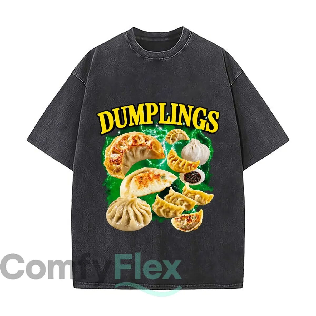 Dumplings Assorted Savory Dumpling Food Green Lightning Vintage Distressed Loose Streetwear Tops for Campus Days