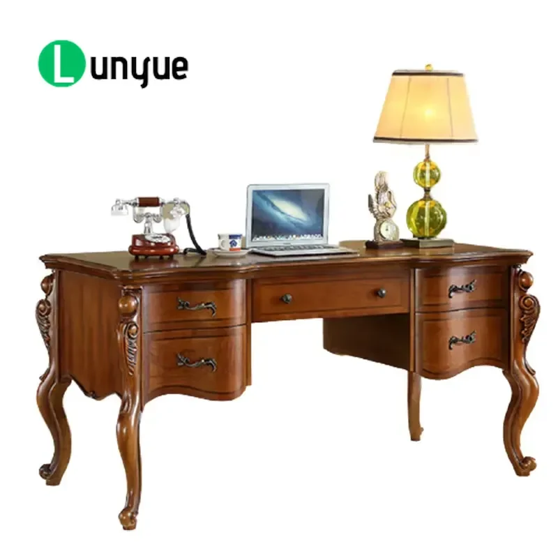 Solid Wood Carved Desk Antique Design Office Computer Table with 5 Drawers Writing Desk for Hotel Home Study Furniture