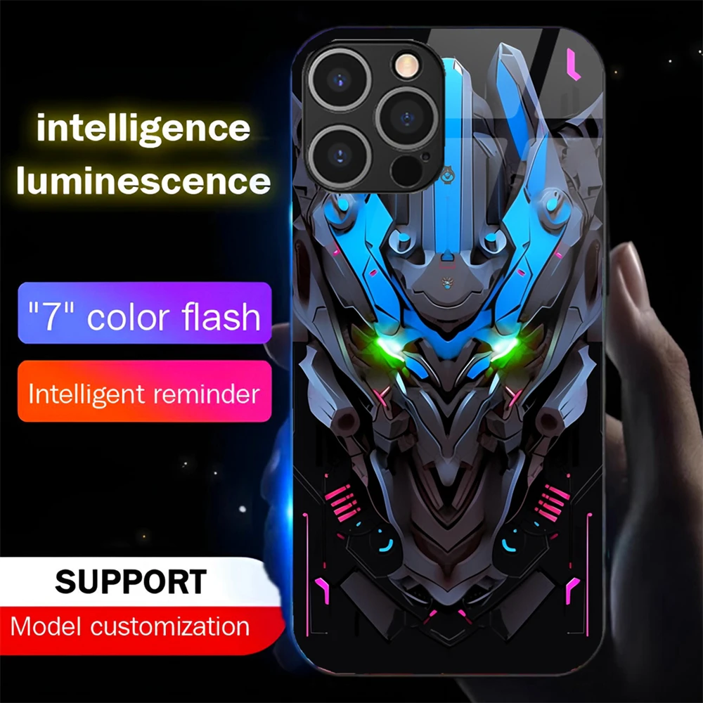 

Armor Mecha Design LED Light Glow Luminous Tempered Glass Phone Case For iPhone 16 E 15 14 13 12 11 Pro Max XR XS Plus SE